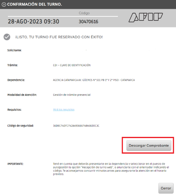 comprobante turno afip
