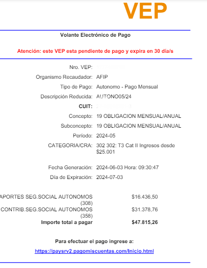vep afip autonomos generado
