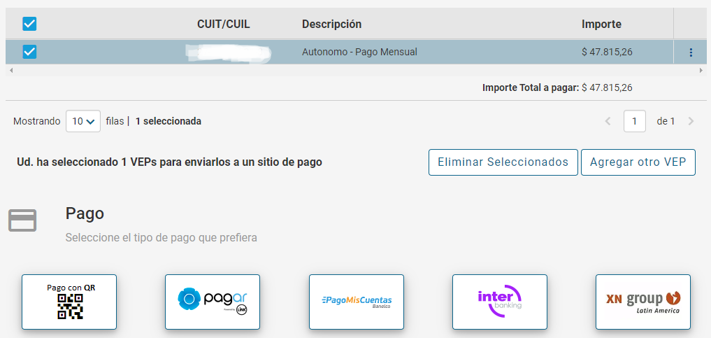 pago mensual afip vep