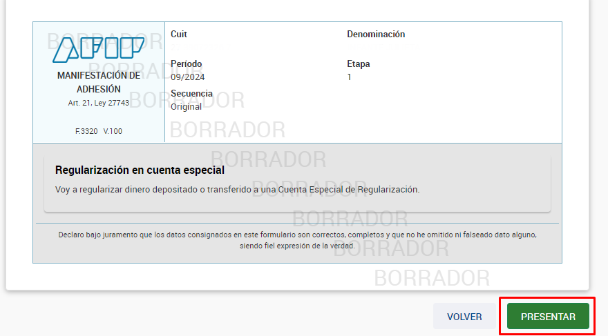 presentar f 3320 blanqueo afip